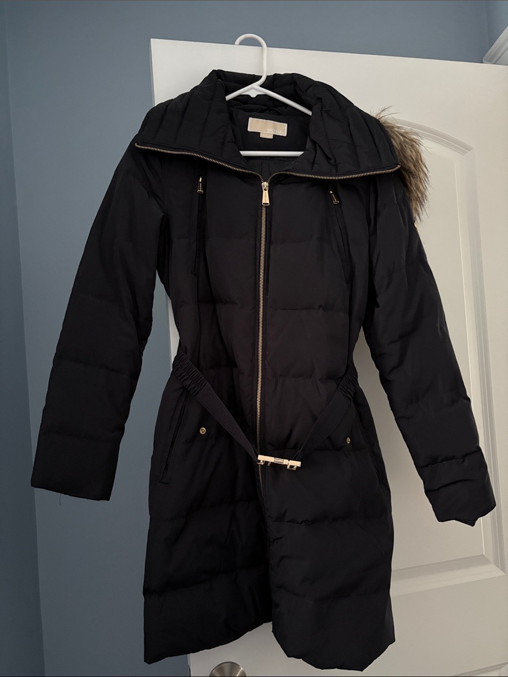 Michael Kors Black Quilted Belted Puffer Coat with Fur-Trim Hood